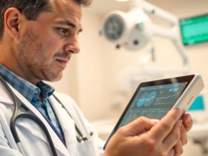 Medic român folosind tehnologie medicală modernă.