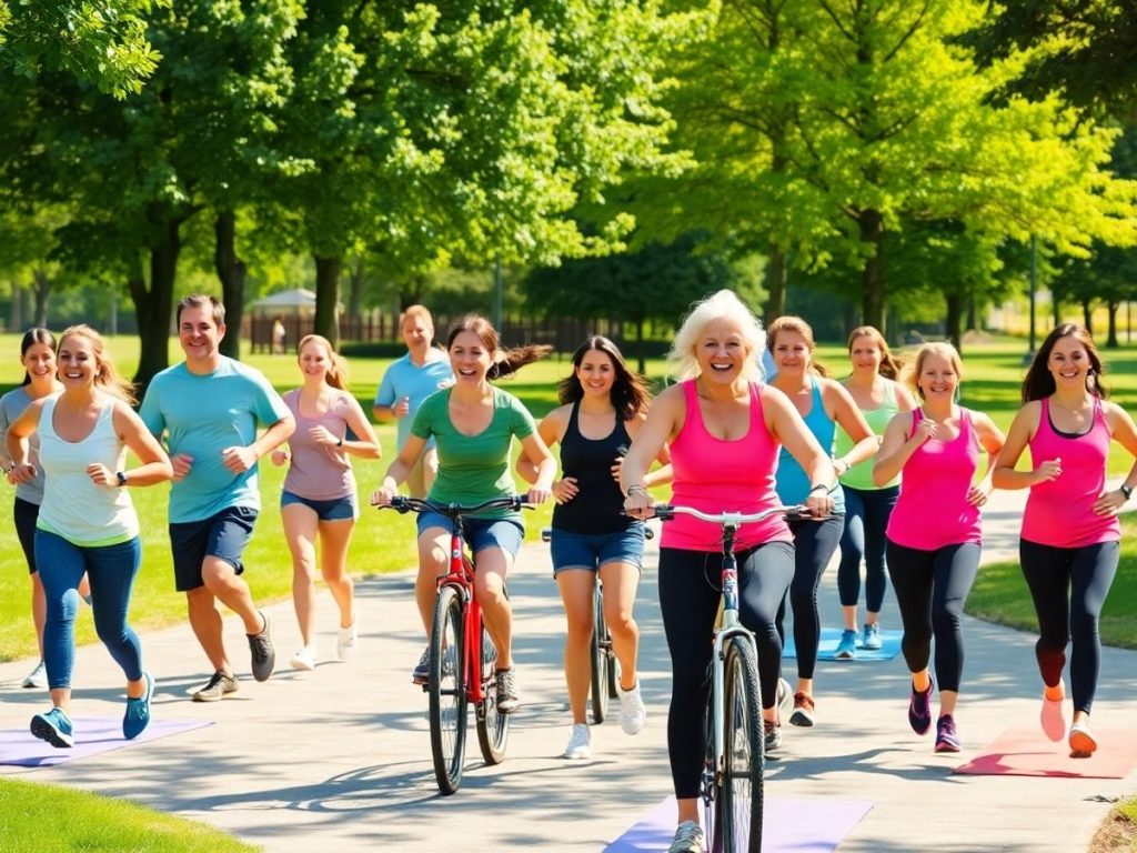 Grup divers de oameni exercițiu în parc.