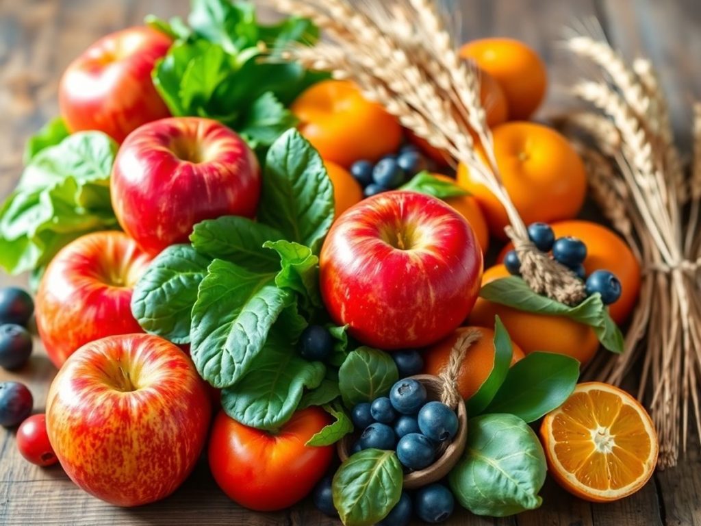Fructe, legume și cereale integrale viu colorate.
