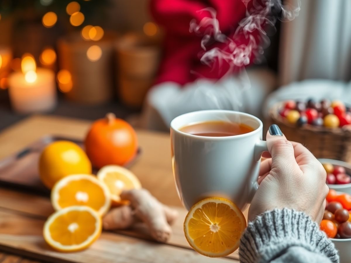 Femeie bea ceai cald, alături de fructe proaspete.