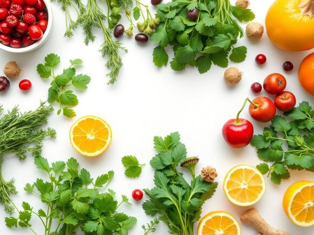 Plante medicinale și fructe vibrante, aranjate artistic.