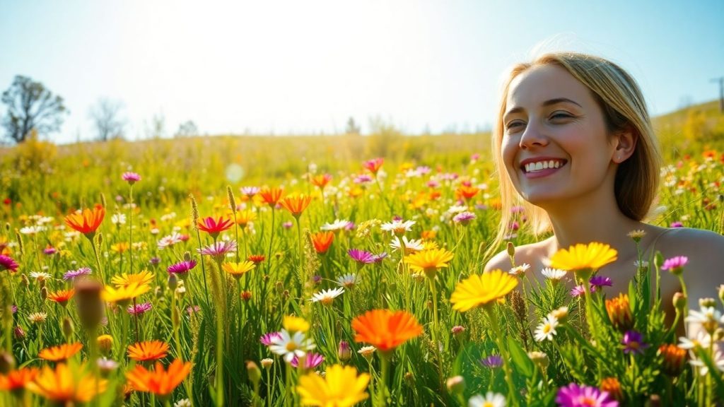 Primăvară, flori, persoană bucurându-se de natură.