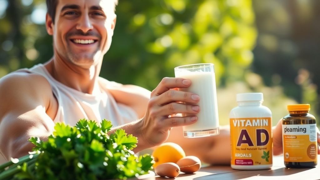 Femeie veselă afară, ținând lapte și suplimente vitamina D.